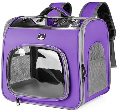 ALLSOPETS Katzenrucksack für Große Katzen und Kleine Hunde, Atmungsaktiver Haustieren Rucksack mit Frontöffnung und Sicherheitsleine, Ideal für Reisen Wandern und Spaziergänge (Lavendel)