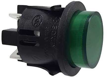 Druckschalter PS18-16 Einbau ø 25mm 250V 16A grün, beleuchtet push-EIN push-AUS, Flachstecker 6,3mm