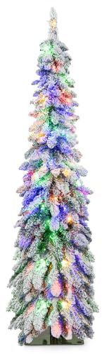 GYMAX 150 cm Albero di Natale Innevato, 150 Luci a LED con 11 Modalità, 11 Funzioni, Timer, 334 Rami in PVC, Folto e Realistico, Base Pieghevole in Metallo, Montaggio Facile