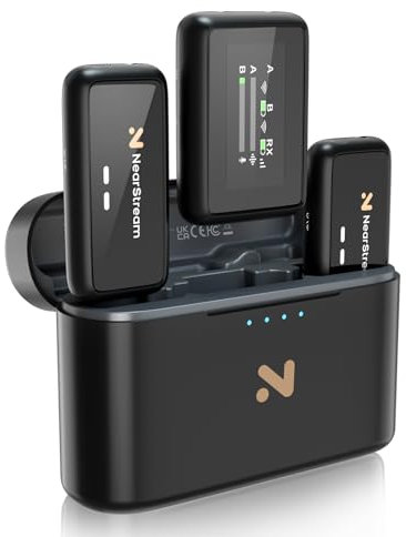 NearStream AWM20T Lavalier Mikrofon Wireless mit Geräuschunterdrückung/Anzeige, 200m Übertragung/7H Laufzeit, Ultrakompaktes Dual-Kanal Ansteckmikrofon Kabellos für Kamera/Handy/PC Streaming/Vlogging