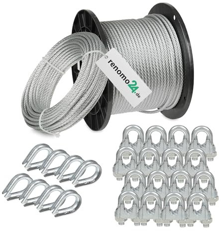 Renomo24 Drahtseil Set 3 - Stahlseil 50m 3mm 6x7 verzinkt, 16x Bügelklemmen, 8x Kauschen