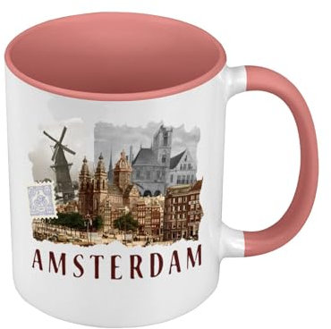 Tasse in Premium-Qualität, Farbe: Rosa – Amsterdam Collage Travel Postkarte – Tasse mit Henkel und farbigem Innenfutter