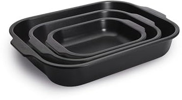 WOLL Bratreinen-Set „Roast-it!“ 3-tlg – 38×30 + 30×24 + 23×18 cm, 7,1 L + 3,8 L + 1,6 L – PFAS-frei, aluminisierter Stahl, Antihaftversiegelung, ofenfest bis 260 °C, spülmaschinengeeignet