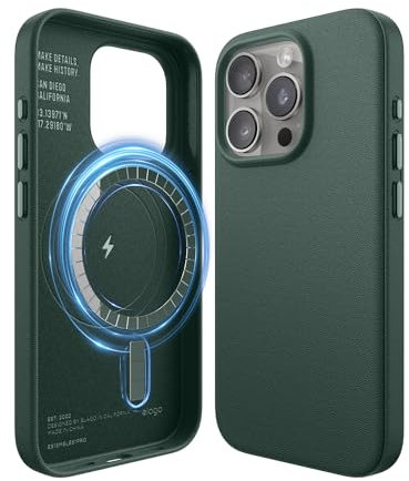 elago Magnetisch Leder Hülle Kompatibel mit iPhone 16, 15, 14, 13, 12 Serie (Nachtgrün, iPhone 15 Pro)