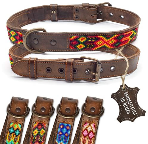 ALTEZAR Lederhalsband Hund - Doppelt Tribal Bestickt Feuerrot Rot-Orange - Hochwertig verarbeitetes Hundehalsband Leder - Handgemacht in Mexiko - Größe XL - Halsband Hund für große Hunde Leder breit