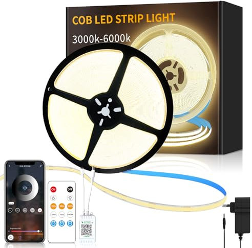 Yeewhale cob Led strip 10m,mit Fernbedienung, APP Steuerung,DC24V 3000k Warmweiß LED band,flexible Dimmbar cob LED Streifen, anwendbar auf Schlafzimmer, Raum,DIY Dekoration