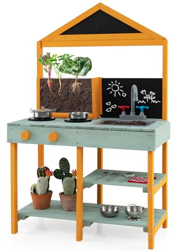 GYMAX Kids Mud Kitchen, Outdoor Toy Kitchens with Root Viewer Planter, Faucet, Removable Sink, 2 Chalkboards, Shelves & Cookware Accessories, Wooden Play Kitchen for 3+ Years Old (Green+Yellow)