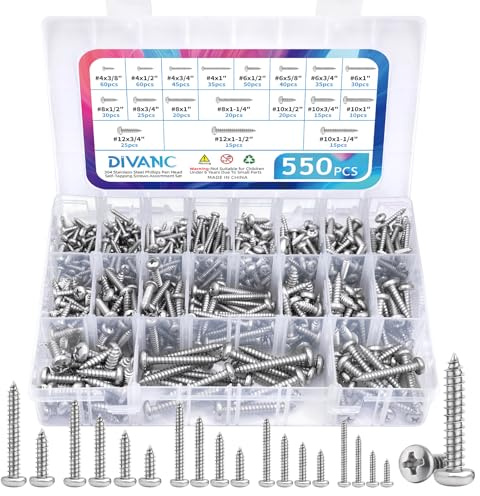 DIVANC 550Pcs 304 Stainless Steel Wood Screws Assortment Kit, Phillips Pan Head Sheet Metal Screw Self Tapping Screws Set, #4#6#8#10#12 Wood Assorted Screws, Length 1/4 to 1-1/2 (Pan Head 550PCS)