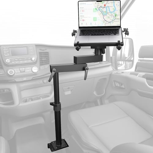 MELIPRON No-Drill Van Laptop Mount Fit for 2014-2026 Ford Transit Cargo Van | Seat Rail Mount with Dual Swing Arm & 2 Cooling Fans, Stable Vehicle Computer Stand for Technicians, Contractors