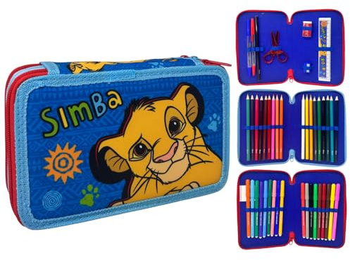 Astuccio 3 zip Simba Re Leone Disney completo 44 pezzi per la scuola multiscomparto penne matite colori pennarelli giotto