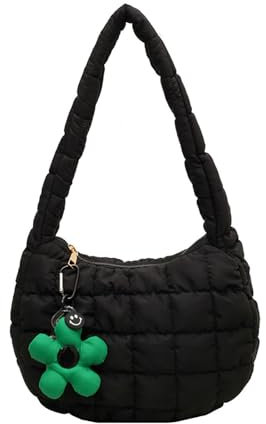 Handtasche Klein Hobo Bag Halbmond Gesteppte Tasche Kleine Umhängetasche Damen y2k Tasche Weiche Faltbare Schultertasche Damen mit Reißverschluss Puffer Tote Bag (Schwarz)