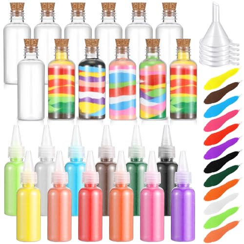 Sinmoe 12 Pack Sand Art Kits Include 12 Pcs 1.7 oz Plastic Sand Art Bottles, 12 Colored Art Sand, 5 Mini Plastic Funnels for Wedding Birthday Party Decoration Arts DIY Supplies