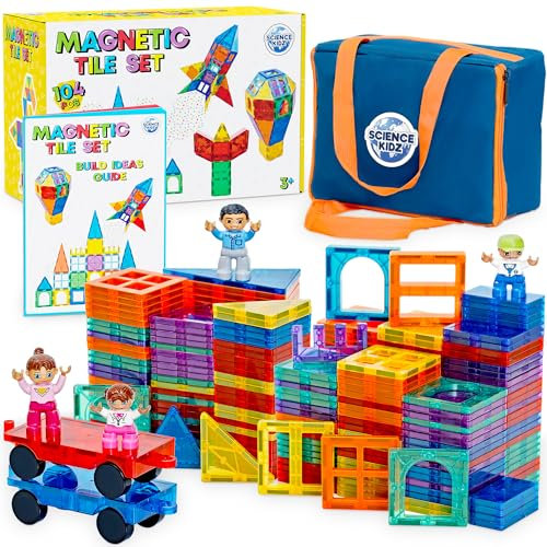 Science Kidz Magnetic Tiles - 100 Piece Set + 4 Play Figures + Storage Bag - Building Blocks For Kids - Educational STEM Toys For 3-7 Year Olds - Magnetic Shapes