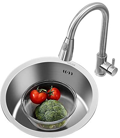 WOTZOV Fregadero de Cocina Fregadero Redondo Cepillado Fregadero de Cocina Fregadero de balcón Fregadero Individual,Plata 40 * 40Cm