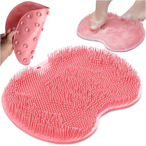 Tapis de massage pour pieds et dos TULMERO - Tapis de douche en silicone avec ventouses - Brosse à pieds et à dos - Antidérapant - Rose