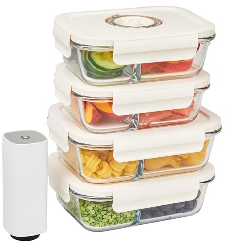 HOLDN' STORAGE Vakuum Frischhaltedosen Set mit 4 Fächern & Elektronische Pumpe - Lebensmittel länger frisch halten, BPA-freies Glas, auslaufsicher, ideal für Mahlzeitenvorbereitung, Marinieren