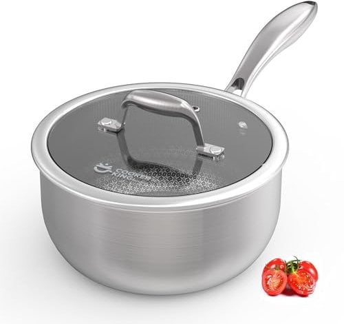 3 Quart Stainless Steel Saucepan, Tri-ply Full Body, Non-Stick Ceramic Sauce Pan with Tempered Glass Lid, Induction Cooking Pot Perfect for Boiling Gravies, Pasta, Noodles