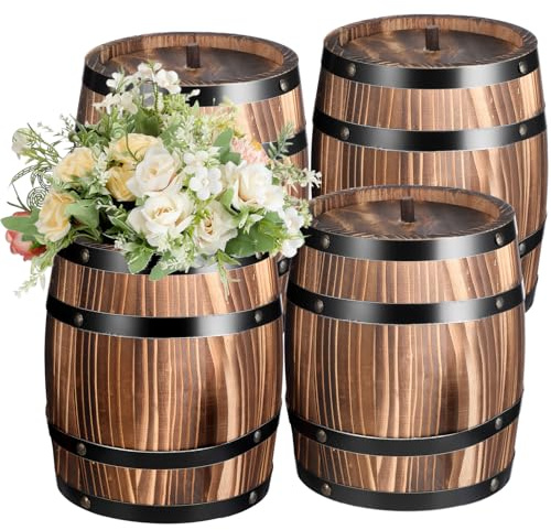 GlikCeil 4 Pcs Wood Wine Barrel Vase Vintage Flower Vase Container Rustic Barrel Planter for Wedding Reception Table Decoration Home Indoor Outdoor Garden Kitchen Party (8 x 6.5 Inch)