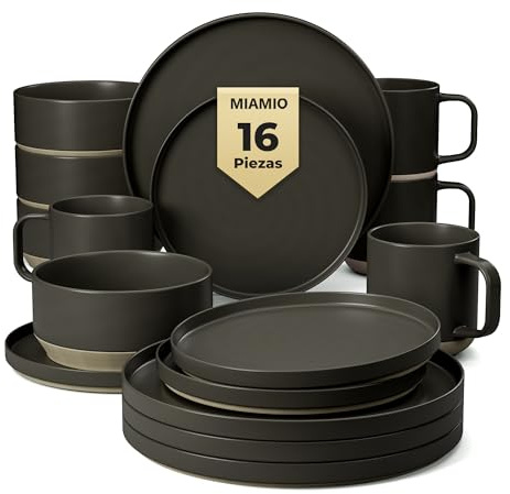 MIAMIO - Geschirrset 4 Personen, Keramik (16-teilig) - Sierra (Basalt) | Modernes Tafelservice Steingut / große & kleine Teller, Schüsseln & Kaffetassen, Keramik Geschirr Set - spülmaschinenfest