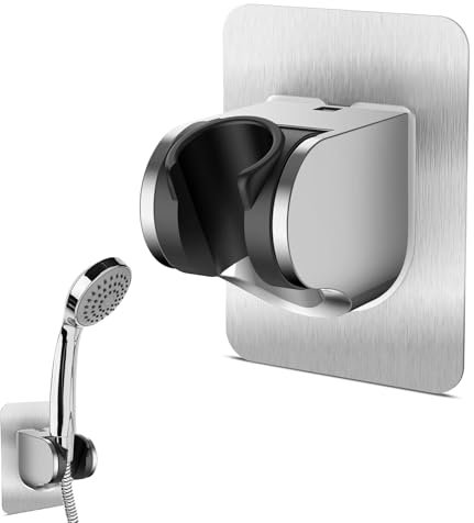 ASIRYVA 1 Pcs Adjustable Shower Holder Bracket, Universal, Strong Adhesive Shower Head Holders Chrome Plated, No-Drill ABS Wall Mount for Home & Bathroom (Silver)