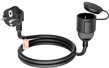 Verlängerungskabel 1m schwarz IP44 – Schuko Steckdose mit wasserdichtem Klappdeckel, PVC-Außenkabel für Garten, Garage, Feuchtraum