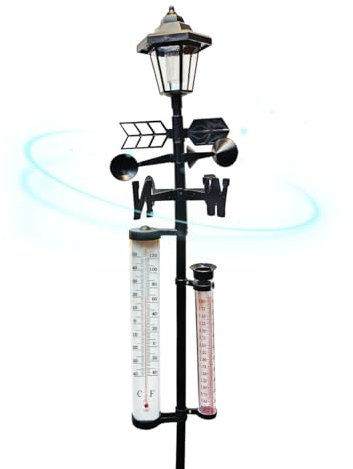 Solar 3-in-1 Wetterstation – Wind-, Temperatur- & Regenmesser mit solarbetriebenem LED-Licht für den Garten
