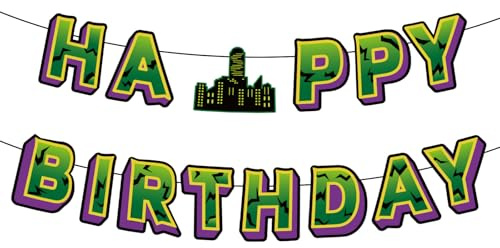 Grünes und Violettes Happy Birthday Banner, Vorgespannte Cartoon-Themenparty Dekorationen Grünes Helden Geburtstagsschild-Banner Foto-Hintergrund für Jungen und Mädchen Anime-Partyzubehör