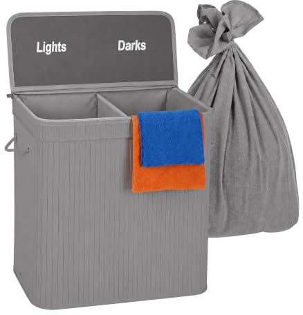 Relaxdays Wäschekorb mit Deckel, 2 Fächer, Bambus, 100 l, faltbar, HxBxT: 60x52x32 cm, Wäsche Sortiersystem, Farbwahl | HxBxT: 60 x 52 x 32 cm, Wäsche Sortiersystem