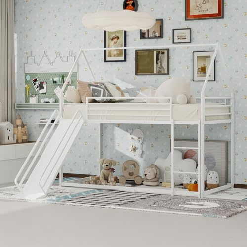 QSOST Lit Cabane Enfant 90x190 - Structure Métal Robuste, Lit Enfant avec Barrière de Sécurité, Échelle, Toboggan, Matelas Non Inclus, lit Cabine pour garçon et Fille (Blanc)