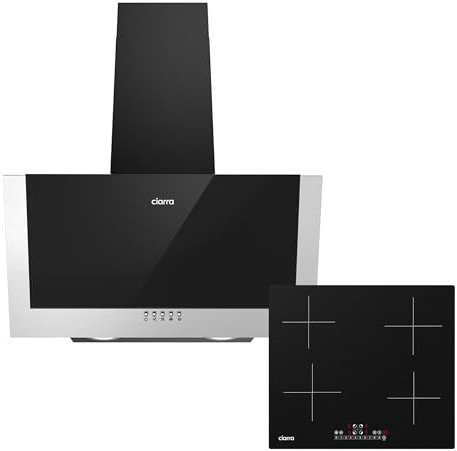 CIARRA Dunstabzugshaube und Einbau Induktionskochfeld 60 cm Set/Kombination CBCB6736C Kopffreie Schräghaube und CBBIH4B 4 Zonen Einbau Induktionskochfeld mit Power Booster 60 cm Schwarz