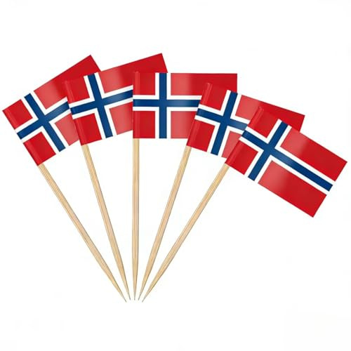 AhfuLife 200 Stück Norwegen Zahnstocher Flaggen, Norwegische Deko Fahne Klein Mini Zahnstocher Norwegen Fähnchen für WM 2026 Skiweltmeisterschaft Cupcake Topper Toothpick Cocktail Party Fjord Pub Deko