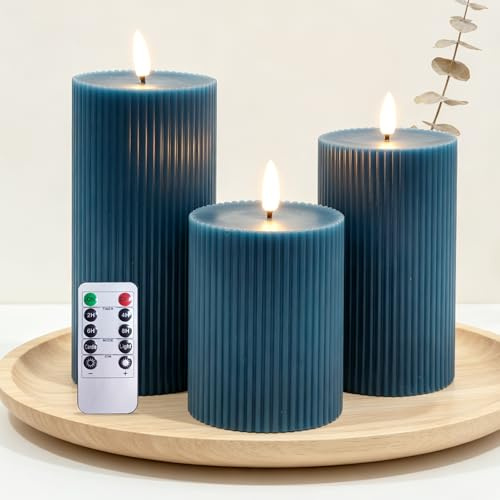 MiKoyi 3 Set LED Kerzen, Flammenlose Kerze mit Fernbedienung Timer Funktion Batteriebetriebene 3D-Docht für Zuhause, Wohnzimmer, Tischdeko, Weihnachten, Hochzeit, Party (Dunkelblau)