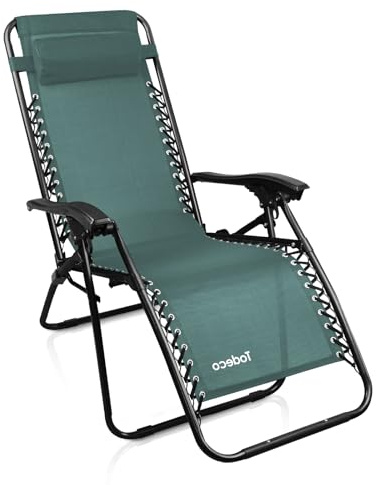 Todeco Chaises Longues Zéro Gravité, Fauteuils Relax de Jardin Pliables en Textilène Respirant avec Repose-Tête, Dossier Inclinable Multiposition, Bain de Soleil Terrasse Balcon Piscine, Vert