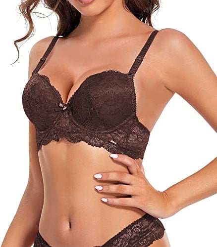 SHEKINI Completi Intimi da Donna Lingerie Reggiseno con Ferretto in Pizzo Spalline Removibili Elegance Push Up Reggiseno e Perizoma Set da 2 Pezzi