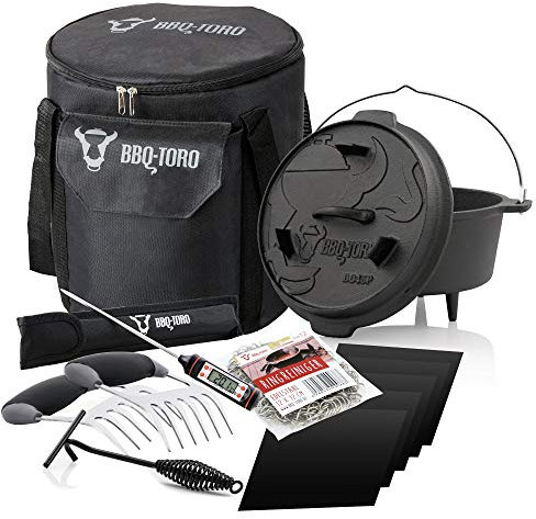 BBQ-Toro Dutch Oven Set 7-teilig | Starter-Set mit 4.5 QT Dutch Oven, Transporttasche, Fleischthermometer, Deckelheber, Grillmatten, Meat Claws, Ringreiniger | Kochtopf Gusseisen mit Deckel