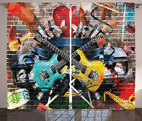 ABAKUHAUS Graffiti Rustikaler Vorhang, Collage Instrument Joyful, Wohnzimmer Universalband Gardinen mit Schlaufen und Haken, 280 x 245 cm, Gelb Aqua