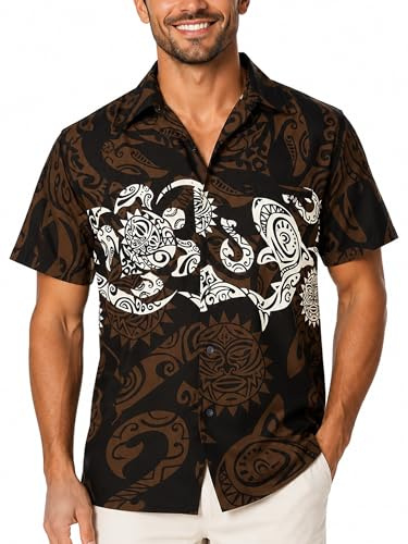 King Kameha Funky Hawaii-Hemd, Herren, Kurzarm, Maori-Chest, Braun, 4XL