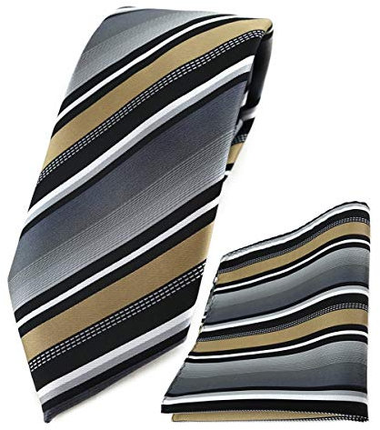 TigerTie Designer Krawatte Designer Einstecktuch in gold silber grau weiss schwarz gestreift - Krawattenbreite 8 cm