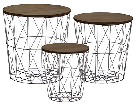 Metall Beistelltisch mit Stauraum schwarz - 3er Set/dunkle Tischplatten - Wohnzimmer Tisch mit Abnehmbarer Holz Platte Metallkorb Sofatisch Couchtisch