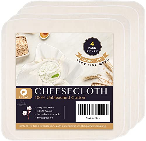 Precut Cheesecloth, 15 x 15'' 4 Pack, Grade 100, Ultra Fine Cheese Cloth for Straining & Cooking, 100% Unbleached Cotton Muslin Cloth for Making Cheese