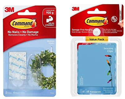 Command Clear Decorating Clips & Hooks Value Pack - 40 Clips, 48 Adhesive Strips & 17091CLR Medium Hooks with Strips - Set of 2