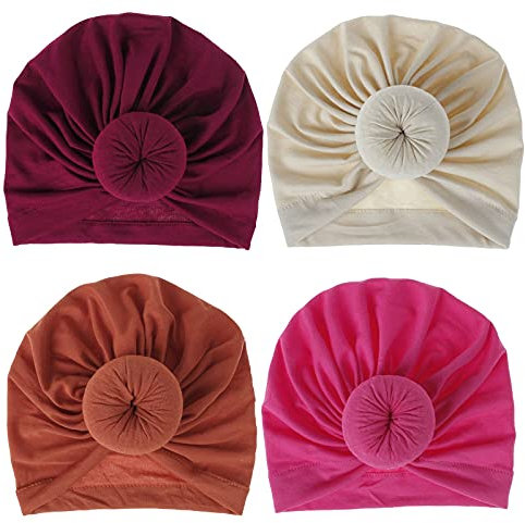 Qianmome African Turban Donuts Knoten vorgebundene Motorhaube Beanie Cap Headwrap Stirnband für Damen, 4 Stück Beige & Rose & Rost & Wein, Medium