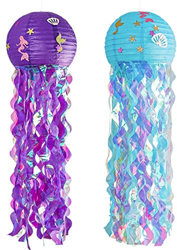 2 Stück Meerjungfrau Papierlaterne, Quallen Papierlaternen, Hängedekoration Mermaid Wishes Laterne für Geburtstagsfeier, Unter Dem Meer Geburtstag Party Dekorationen, Ozean Thema Party Lieferungen