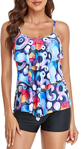 FLYILY Costume da Bagno a Due Pezzi Donna Canotta Stampata Pantaloncini da Donna Costume da Bagno Taglie Forti Tankini Sets(Circles,XL)