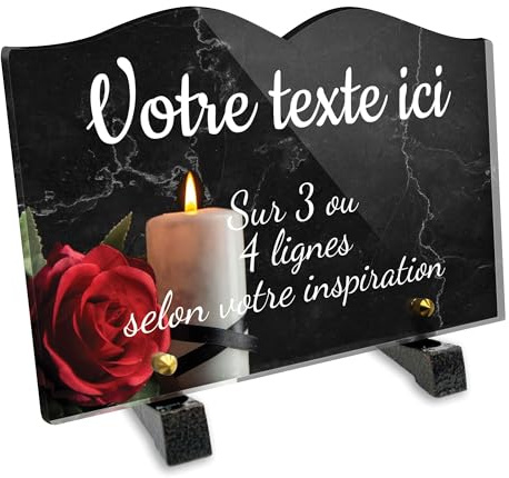 Placa funeraria libro personalizable en plexi, diseño de vela y rosa roja, diferentes tamaños, grosor 6 mm, personalizado en varias líneas, 22-5x15 cm