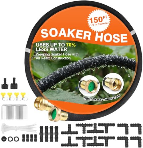 Tropfschlauch 150 FT für Garten mit 1,27 cm Durchmesser Bewässerungsschlauch spart 70 % des Wassers aus massivem Messing, Schnittstelle aus massivem Messing, geeignet für Rasen und Garten