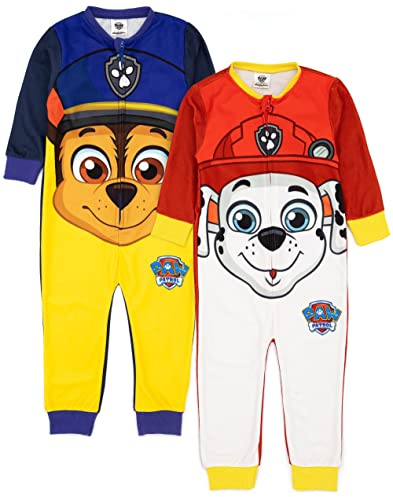 Paw Patrol Onesie 2 Pack Children Toddlers | Boys Girls Blue Chase Red Marshall Rescue Pups All In One Pyjamas | Fluffy Fleece With Zip