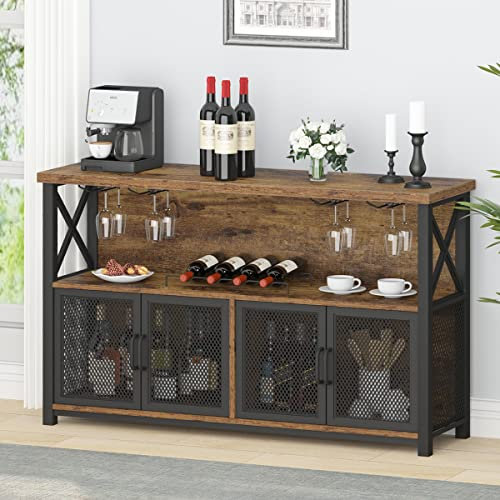 LVB Industrial Coffee Bar Cabinet, Farmhouse Wine Bar Cabinet for Liquor and Glasses, Metal Wood Sideboard Buffet Liquor Cabinets and Wine Rack with Storage for Home Dining Kitchen, Rustic Brown,120cm