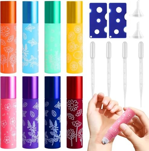UMILKI 8Pcs 10ml Roll on Glasflaschen,Ätherische Öle Roller Flaschen, Roll on Flaschen mit Edelstahlkugeln,Nachfüllbare 10ml Rollerflaschen für Ätherische Öle, Parfums(mit Trichter, Öffner, Tropfer)