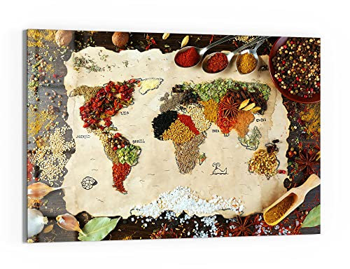 DEQORI Glas-Magnettafel | 60x40 cm groß | Motiv Weltkarte aus Gewürzen | Memo-Board aus Glas | Magnetboard inkl. Magnete, Stift & Tuch für Küche & Büro | Tafel magnetisch & beschreibbar